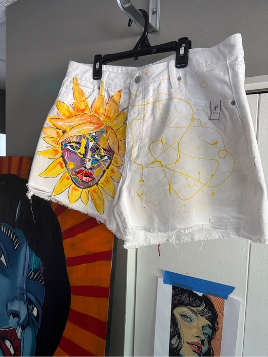 Pants - Upcycled streetwear painted white denim size 16 ooak sunflower goddess